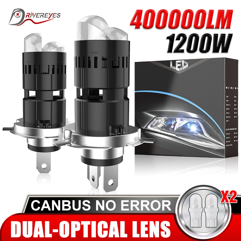 1200W 400000LM H4 Bi Mini LED Projector Lens Car Bulb Auto Headlight Turbo Lamps Plug&Play Dual Motorcycle High Low Beam 12V 24V