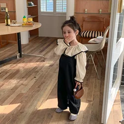 Two Pieces Spring Autumn Baby Girls Clothes White Puff Sleeves Black Border Shirts Blouses Black Sleeveless Kids Overalls Pants