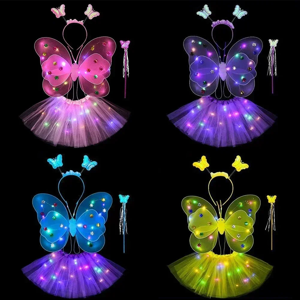 3/4 pièces/ensemble Double couches filles Led clignotant lumière fée papillon aile baguette bandeau Costume jouet cadeau Halloween décoration