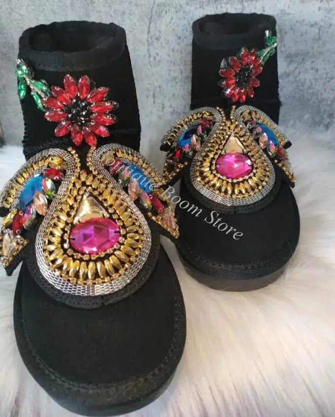 Black Cow Suede Rhinestone Red Sunflower Snow Boots Multi Diamond Crystal Warm Plush Inside Woman Winter Booties