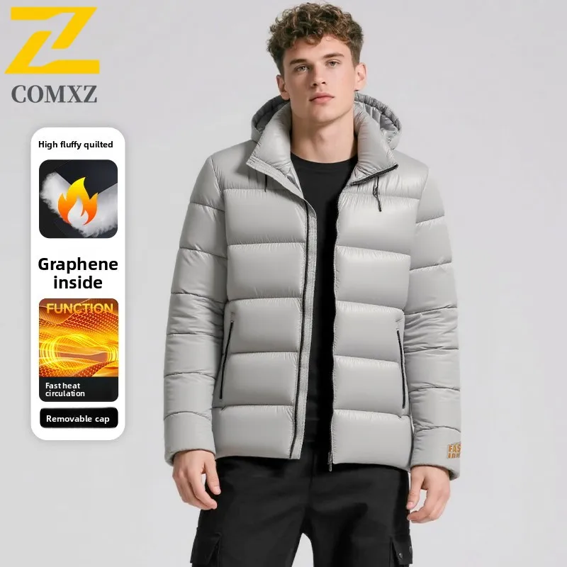 جديد 2025 معطف شتوي صغير من القطن للرجال باللون الأسود والذهبي قصير مقاوم للرياح ومقاوم للماء سترة بقلنسوة دافئة للخروج معطف سترة بسحاب غير رسمي