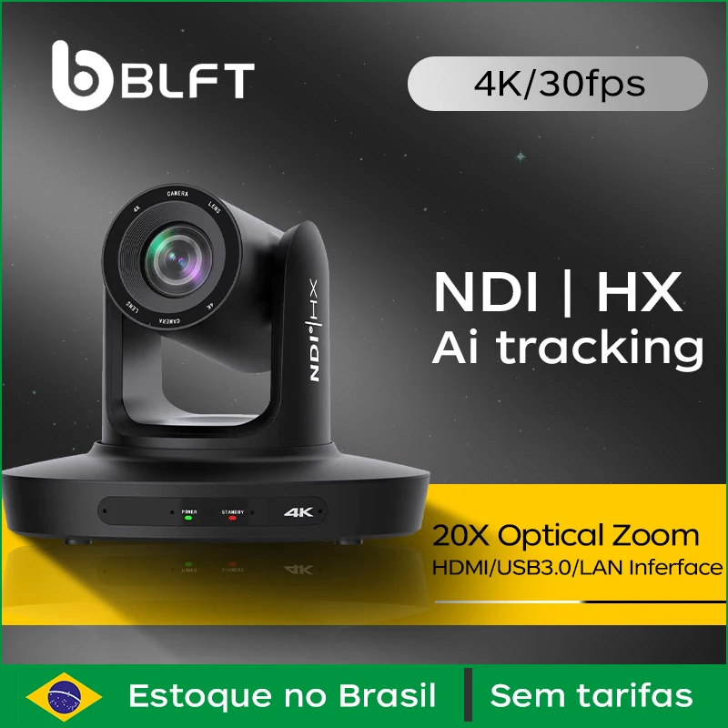 Câmera PTZ NDI com Rastreamento Automático AI 4K30fps para Videoconferência no Brasil, com Zoom Óptico de 20X, USB3.0, HDMI, IP, POE