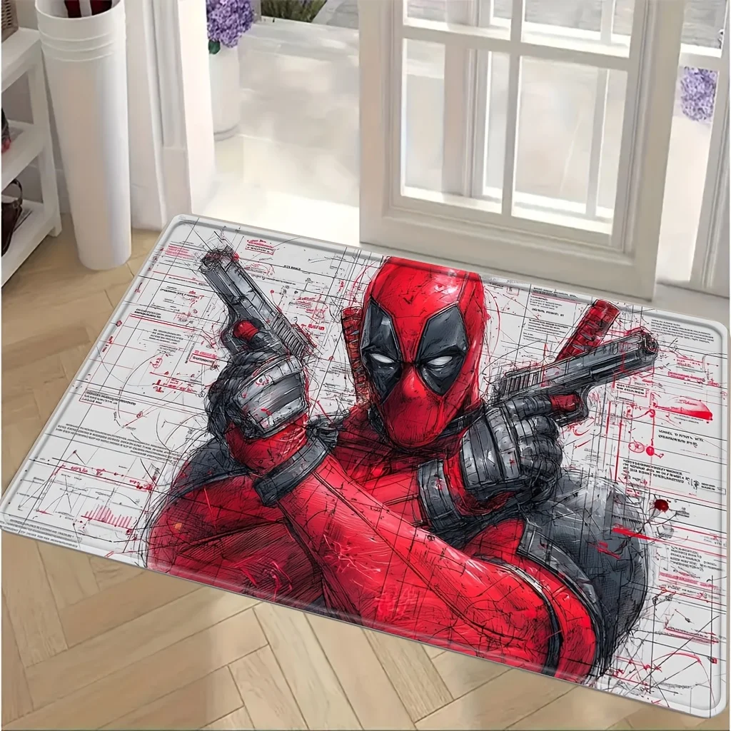 Marvel 1pc Cartoon Printed Floor Mat, Deadpool Holding Dual Guns Mechanical Blueprint Style Illustration, Easy to Clean, Suita view 2