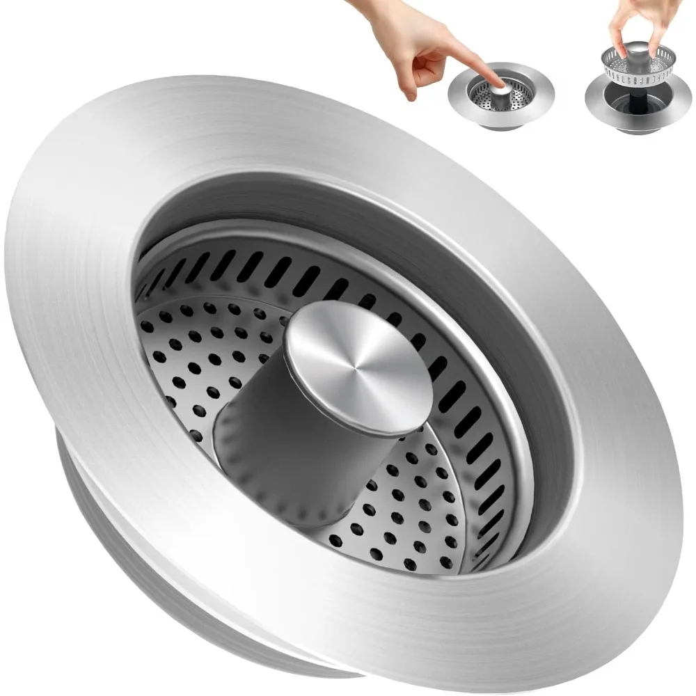 Kitchen Sink Strainer Stainless Steel 3-in-1 - Pop-Up Stopper with Anti-Clogging Basket and Odor Filter, Easy Clean Drain Strain