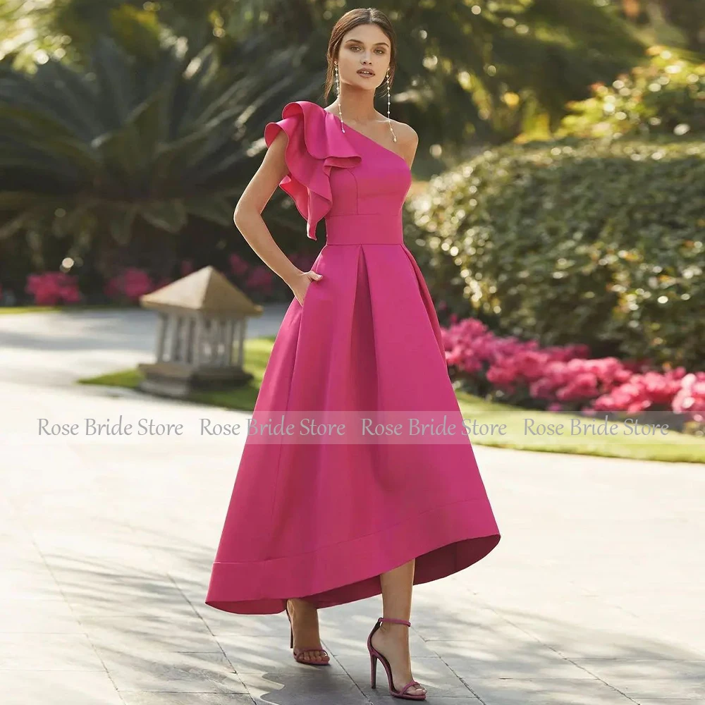 Hot Pink Prom Dress Asymmetrical One Shoulder A Line Satin  Gowns with Pockets Hihg-Low Ruffle Women\'s Party Dresses 2023