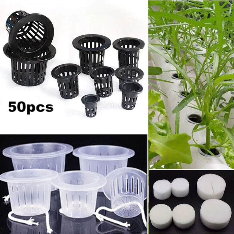 

50pcs Mesh Net Basket Plant Veg Grow Nursery Cup Hydroponic Soilless Pot Sponge Tray Aeroponic Veg Planter Clone Colonization