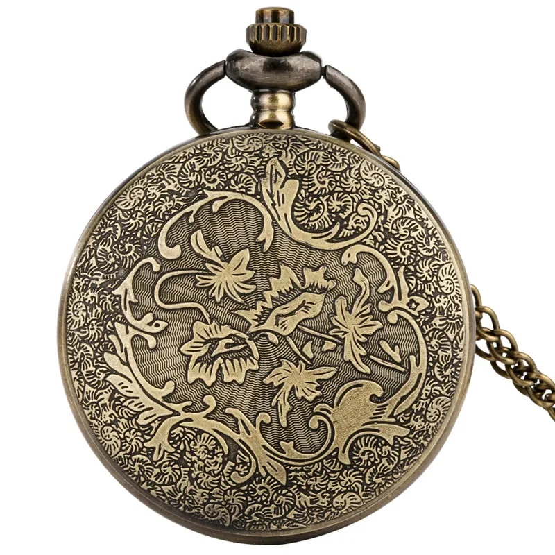 Antique Pocket Watch with Carving Western Cowboy Pattern Bronze Necklace Chain Quartz Watches To Men Women Arabic Number Clock