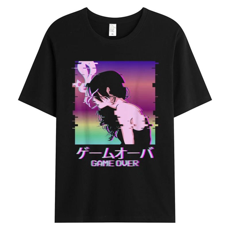 

Japanese Vaporwave Sad Anime Girl Game Over Indie Aesthetic Men's Cotton Fabric Novelty Designer Pattern T-shirts Printing
