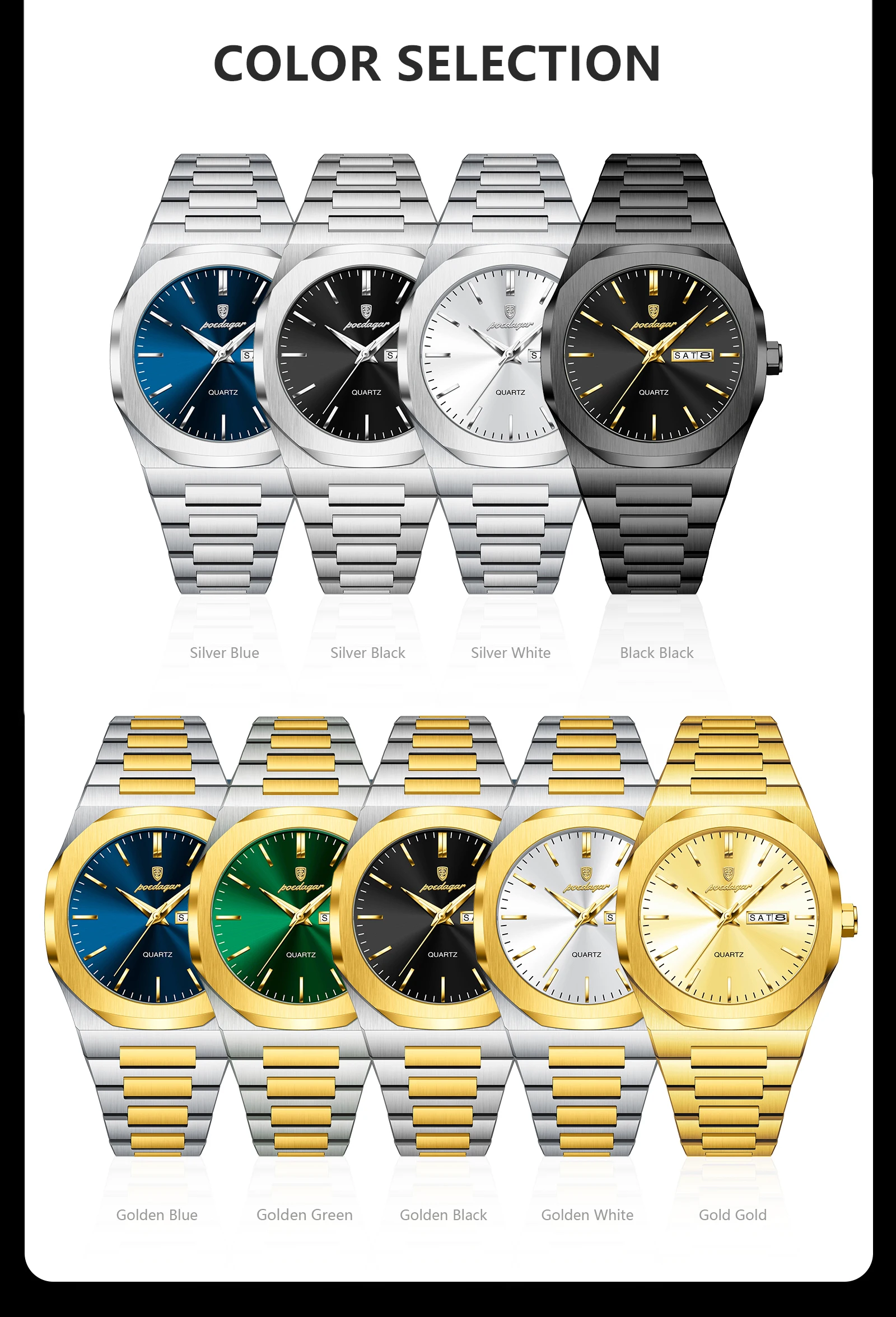 POEDAGAR Mode Marke Männliche Armbanduhr Wasserdicht Leucht Edelstahl Männer Uhr Datum Woche Casual Quarz herren Uhren Reloj – Detail 9