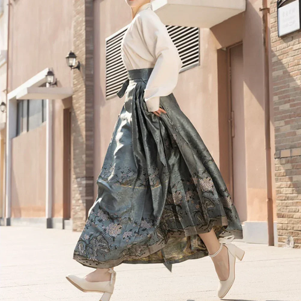 Women Chinese Style Retro Jacquard Horse Face Skirt High Waist Wide Top Suit Daily Leisure Improved Hanfu Adjustable Waist