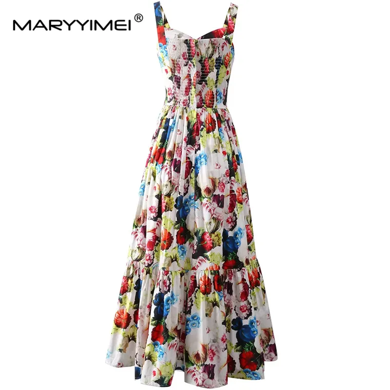 MARYYIMEI Fashion Women\'s Vintage Spaghetti Strap Backless Printed Square-Neck Pleated Elegant Celebrity Party Floral Maxi Dress