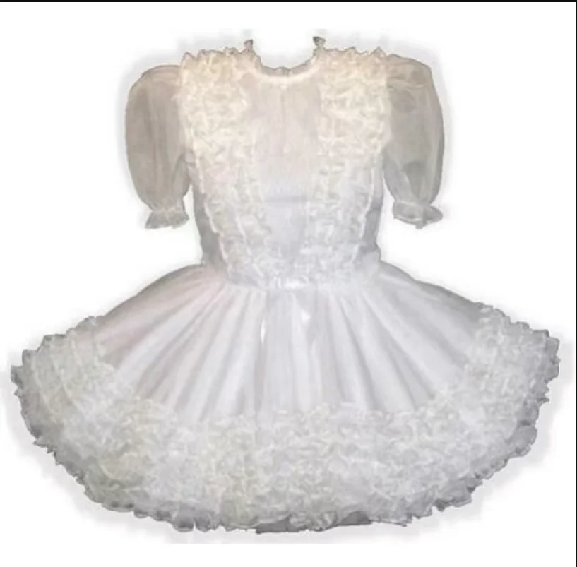 

French Maid Slim White Organza Ruffle Adult Baby Sissy Dress Party Role Play Customization