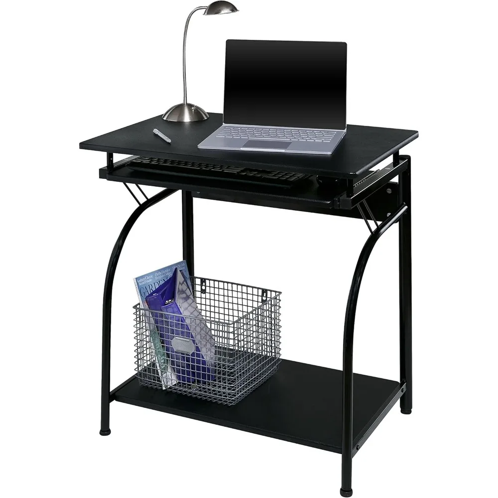 Modern Computer Desk with Keyboard Tray and Shelves, Black Office Desk for Home Workspace