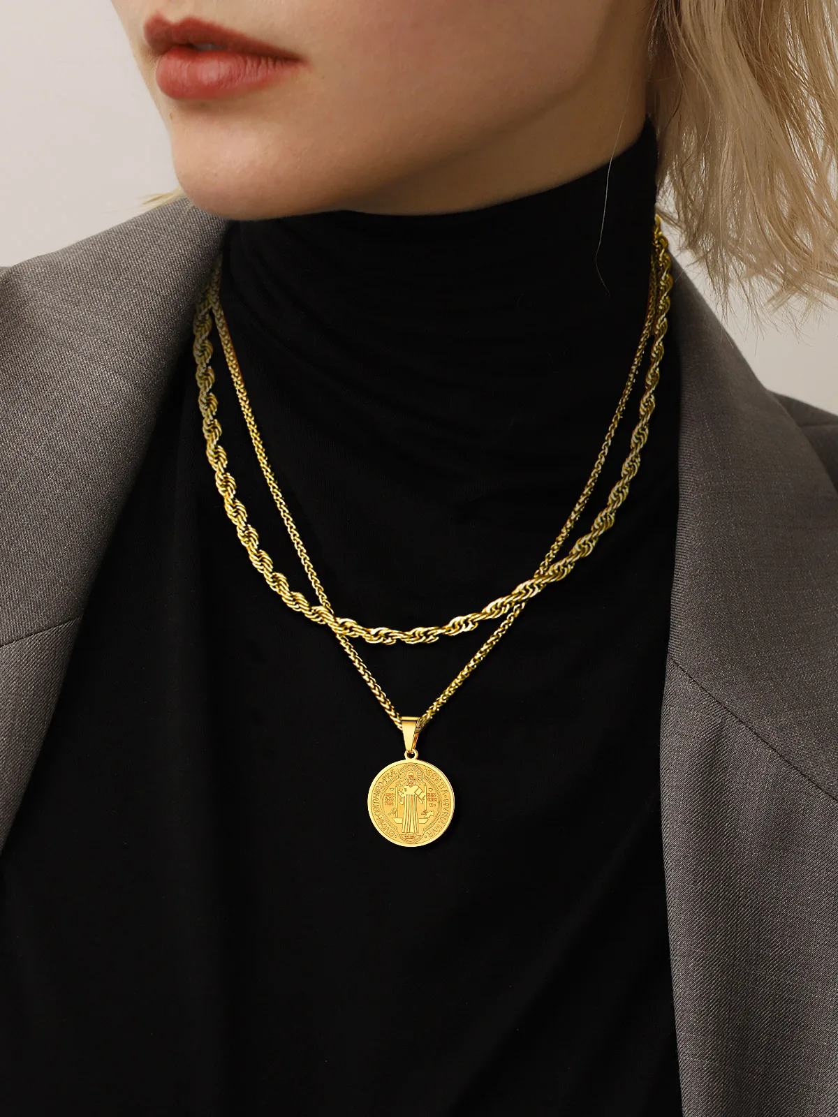 U7 Saint Benedict Necklaces Round Oval Medal Stainless Steel Pendant 22