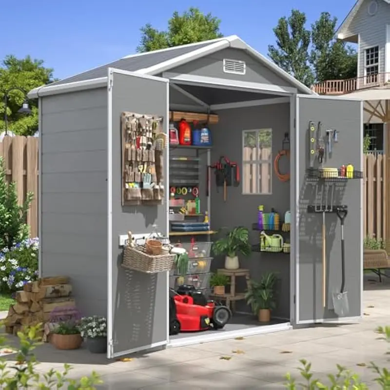 6 ft x 4 ft weatherproof resin storage structure with reinforced double-wall panels, integrated floor, ventilation system, trans