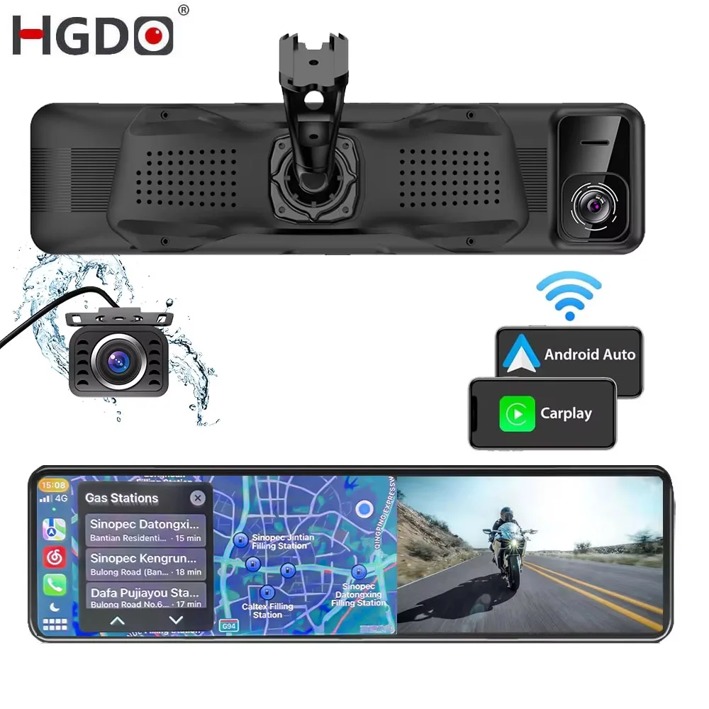 HGDO T166 Carplay Android Auto 4K Dashcam Rückspiegel 1080P Rückfahrkamera DVR Auto-Audioempfänger GPS Bluetooth FM