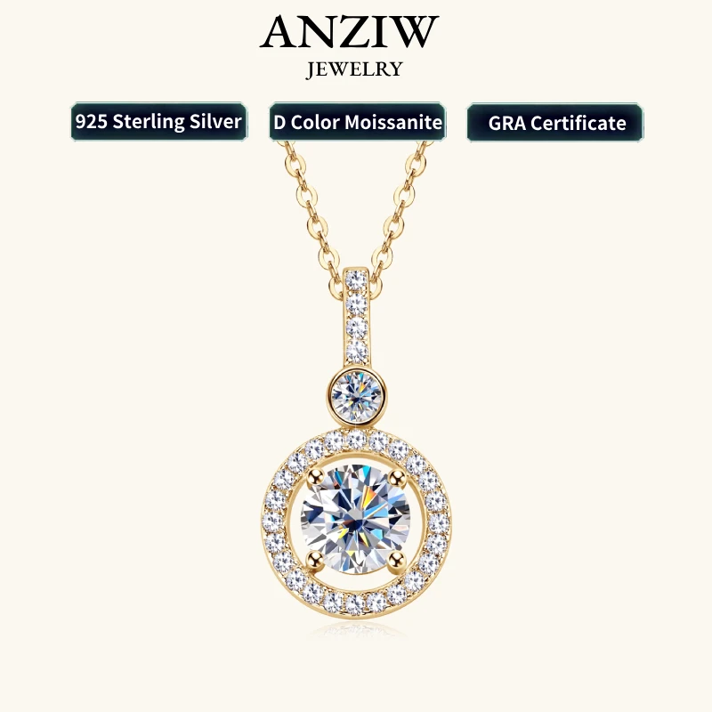 

Anziw 925 Sterling Silver Pendant Necklace Moissanite 6.5mm 1.33CTW. Round Cut Birthday Party Valentine Day Gift Women Jewelry