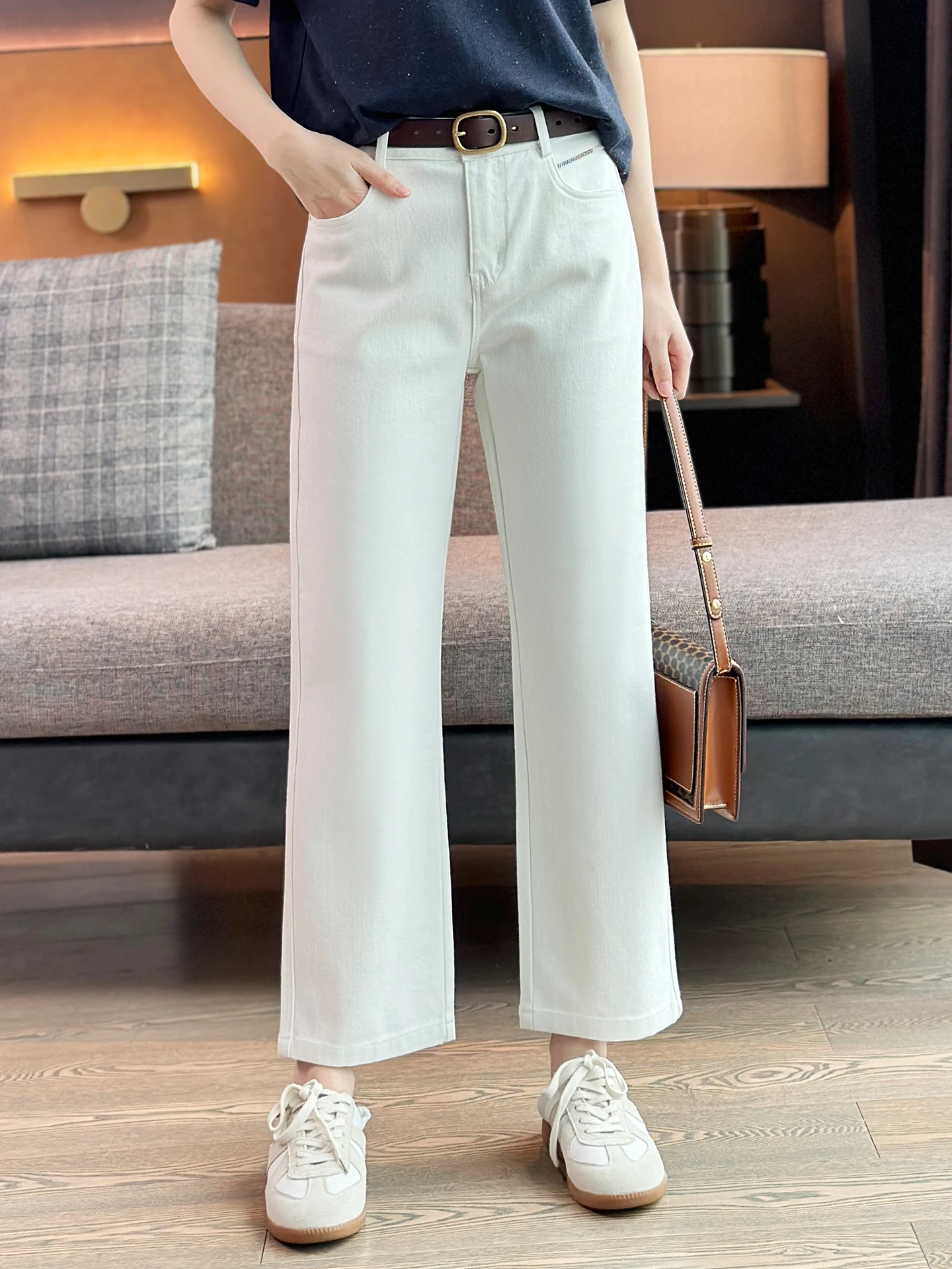 

High Waist Slim Fit Straight Leg Jeans Four Way Stretch Versatile Casual Pants Breathable Comfortable Cotton Ladies Jeans