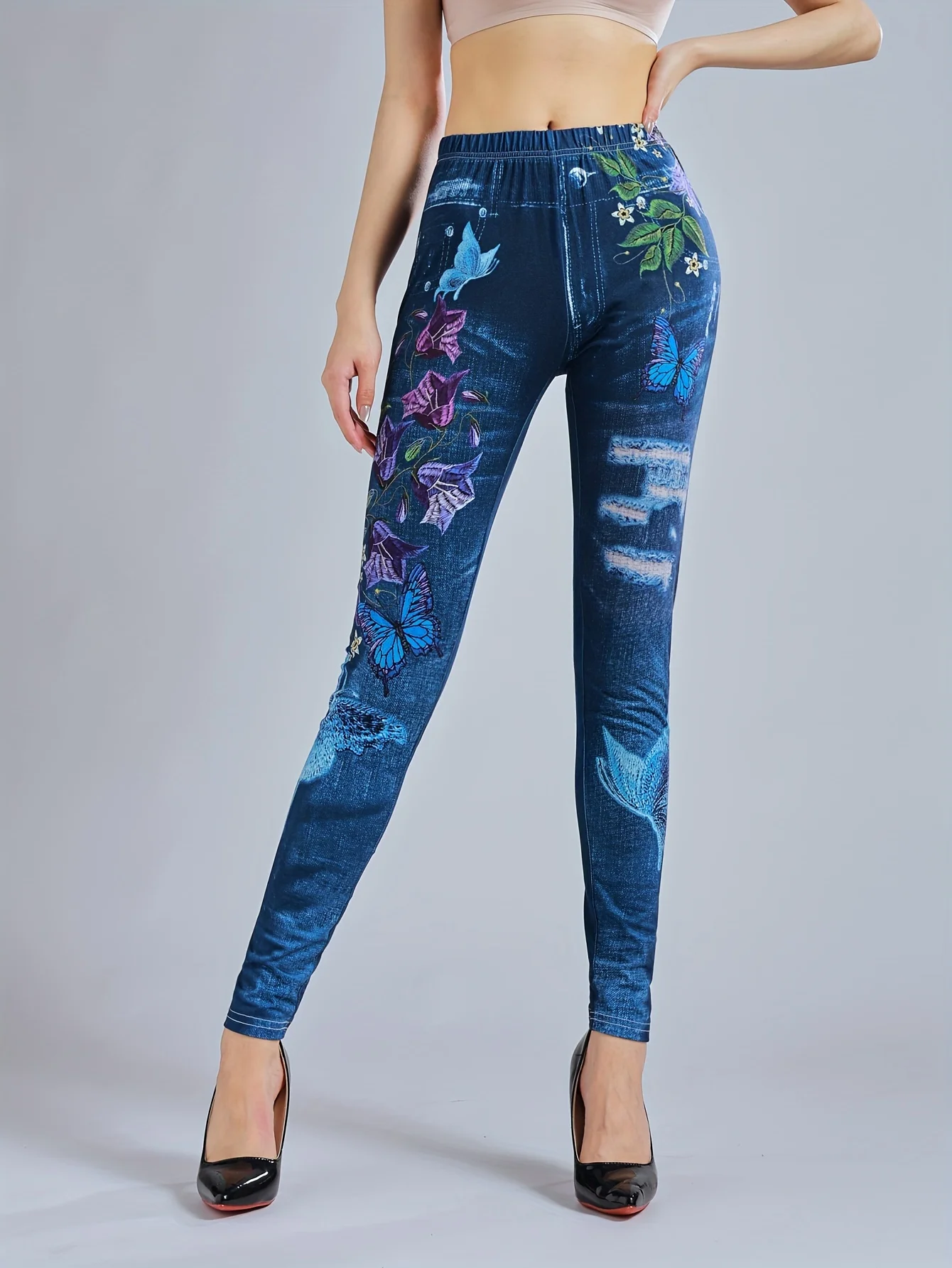 Leggings women\'s imitation denim floral printed long pants with slim fit high elasticity and high waist for casual wear