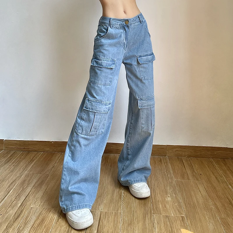 American Wide Leg Cargo Denim Pants Women Blue Slim Loose Multi Pocket Jeans Pants Full Length Trousers Y2k Street Style