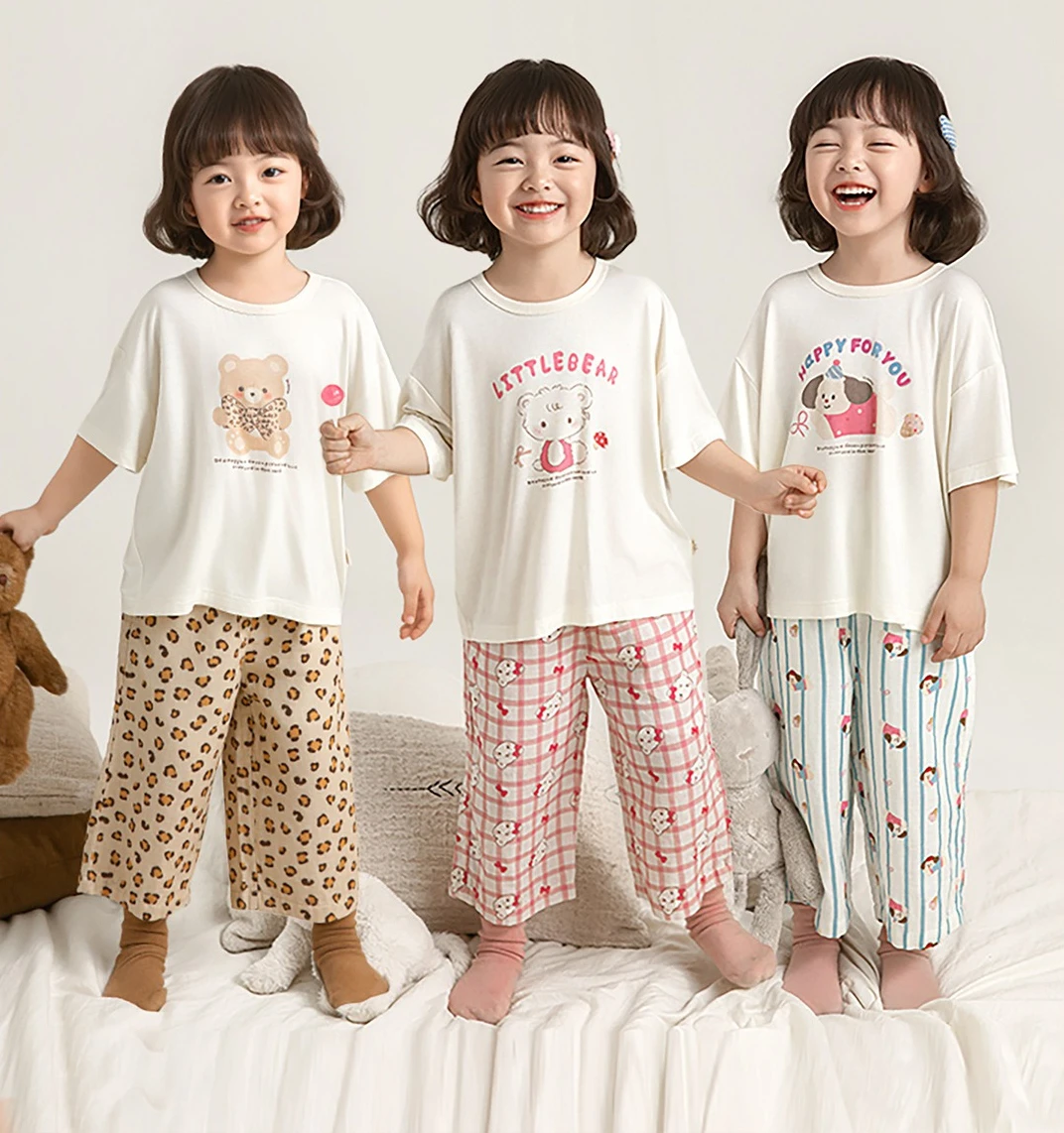 

Детский летний комплект пижамы для девочек с мультяшным принтом, повседневная одежда для дома и кондиционированных помещений