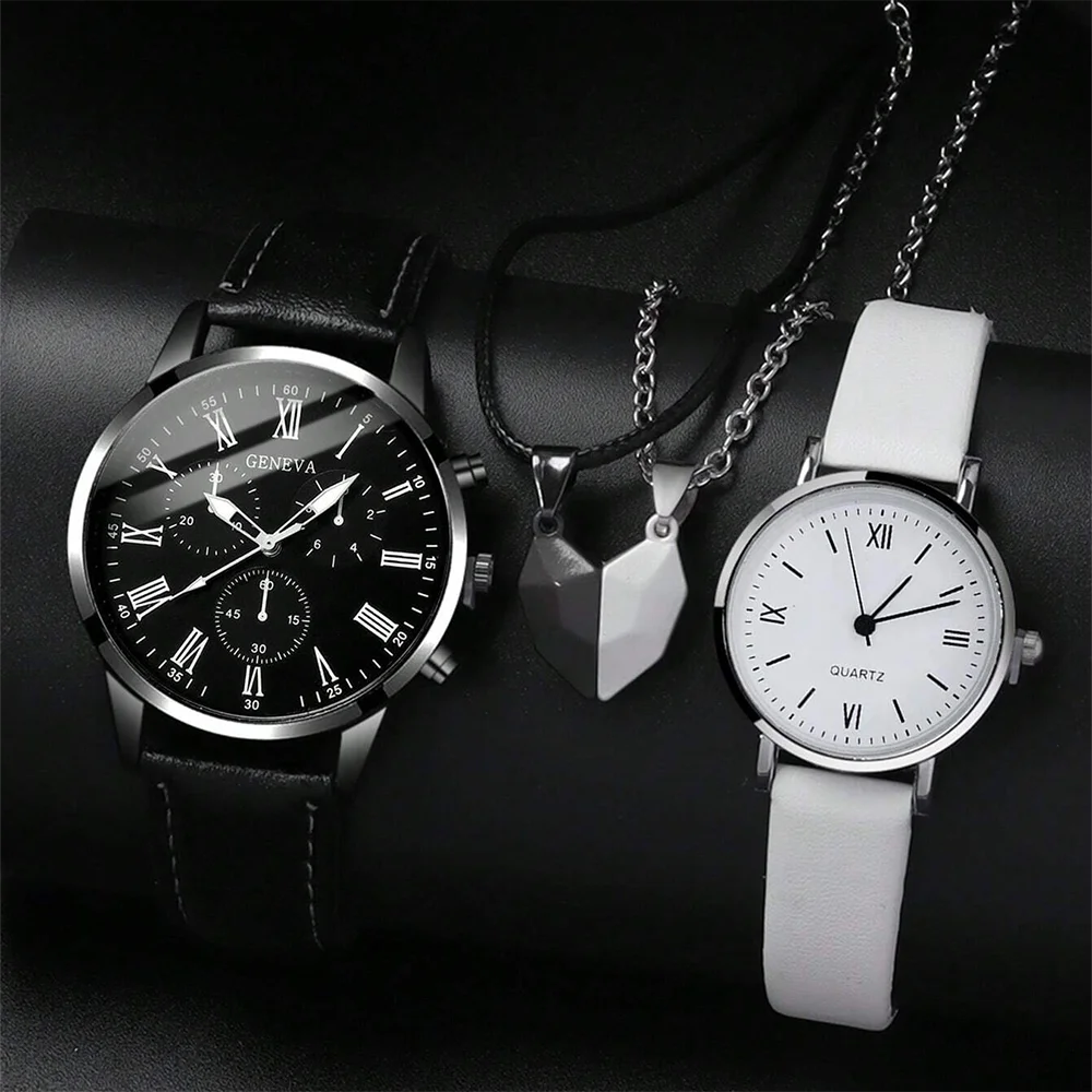 4 Pcs Set Couple Fashion Casual Simple Leather Watch Women Simple Dial Quartz Watch Black And White Bracelet Accessories