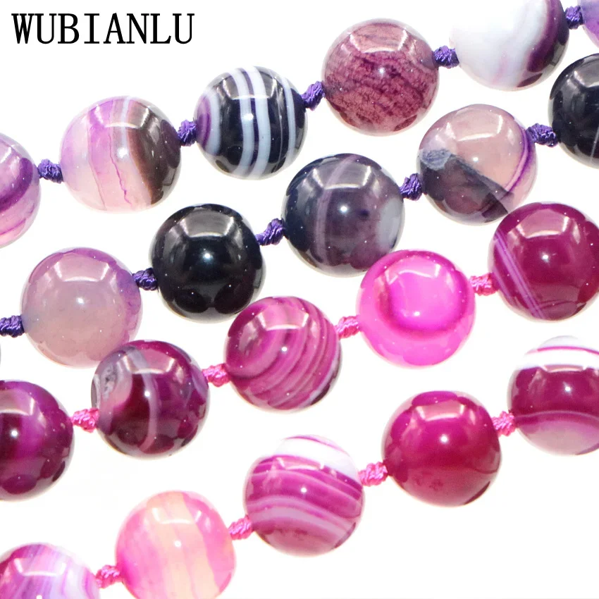 WUBIANLU 6-12mm Natural Stone Purple Agates Pink Onyx Stripe Round Beads Necklace Women Jades Findings Wholesale