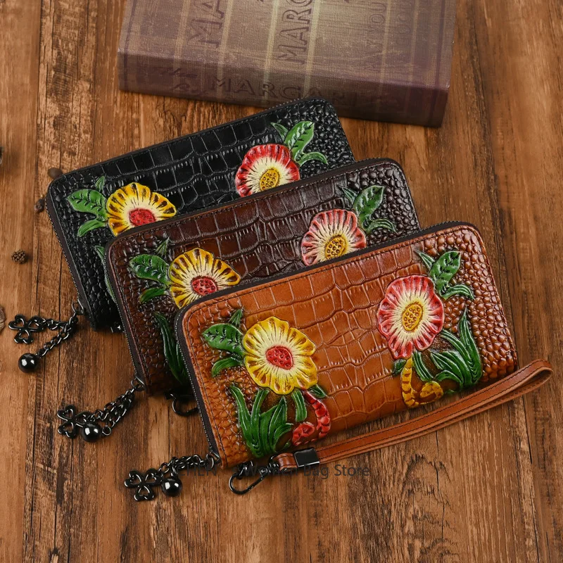 

Women Long Wallet Purse Wrist Clutch Bags Retro Pattern Multi-Cards Genuine Embossed Leather Cowhide Female Zipper Handy Bag
