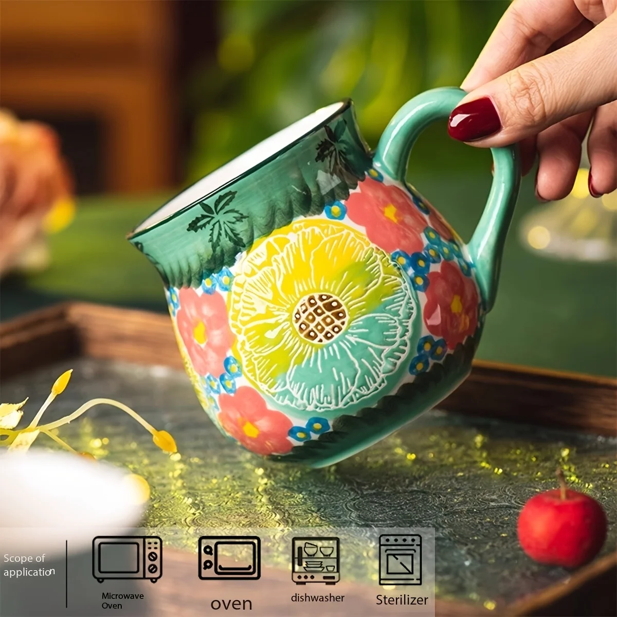 1 Creative Hand-Painted Ceramic Cup - Floral Coffee Cup with Handle - Suitable for Hot or Cold Drinks, Summer and Winter Beverages, Christmas, Weddings, Birthdays, Valentine's Day Gifts