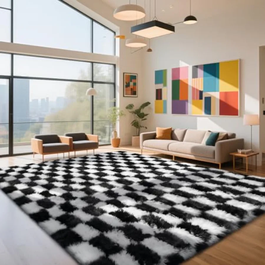 

Checkered Rug for Living Room, 8x10 Black and White Shag Area Rug, Classic Checkered Carpet for Living Room Bedroom Room Home D