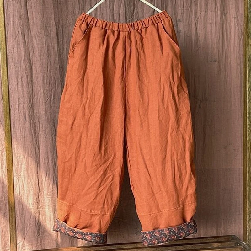 Women Vintage Linen Elastic Waist Pants Plus Cotton Warm Winter Trouser Solid Color Pockets Loose Long Trousers