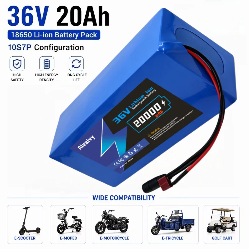 Aleaivy 36V 10Ah 12Ah 14Ah 16Ah 20Ah 18650 10S7 Lithium Battery Pack Built in BMS for E-scooter Tools Camping + 42V 2A Charger