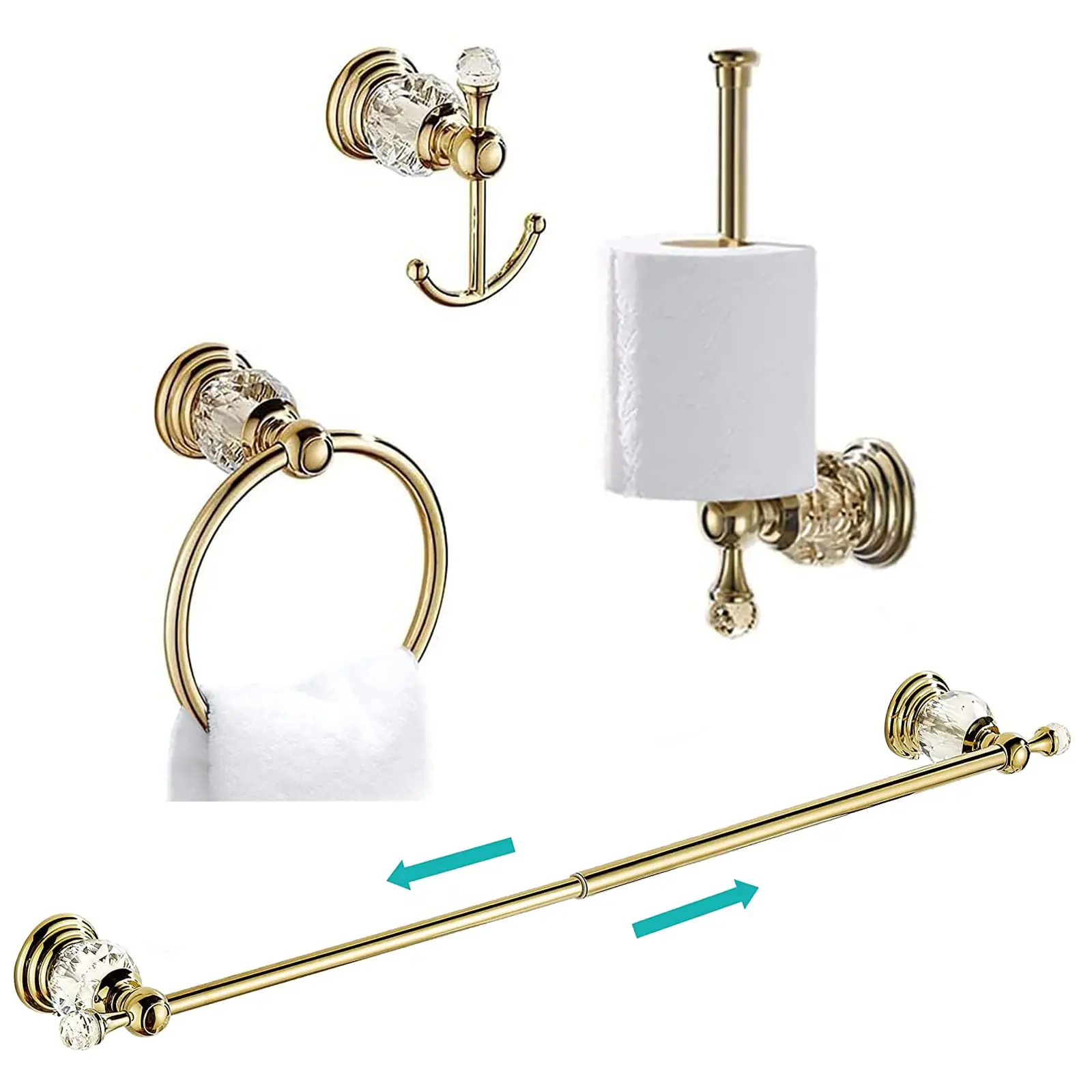 

Shimmering Crystal-Embellished Wall Mount Bathroom Set: Adjustable Towel Bar, Ring, Toilet Paper Holder And Hook – 4 Piece