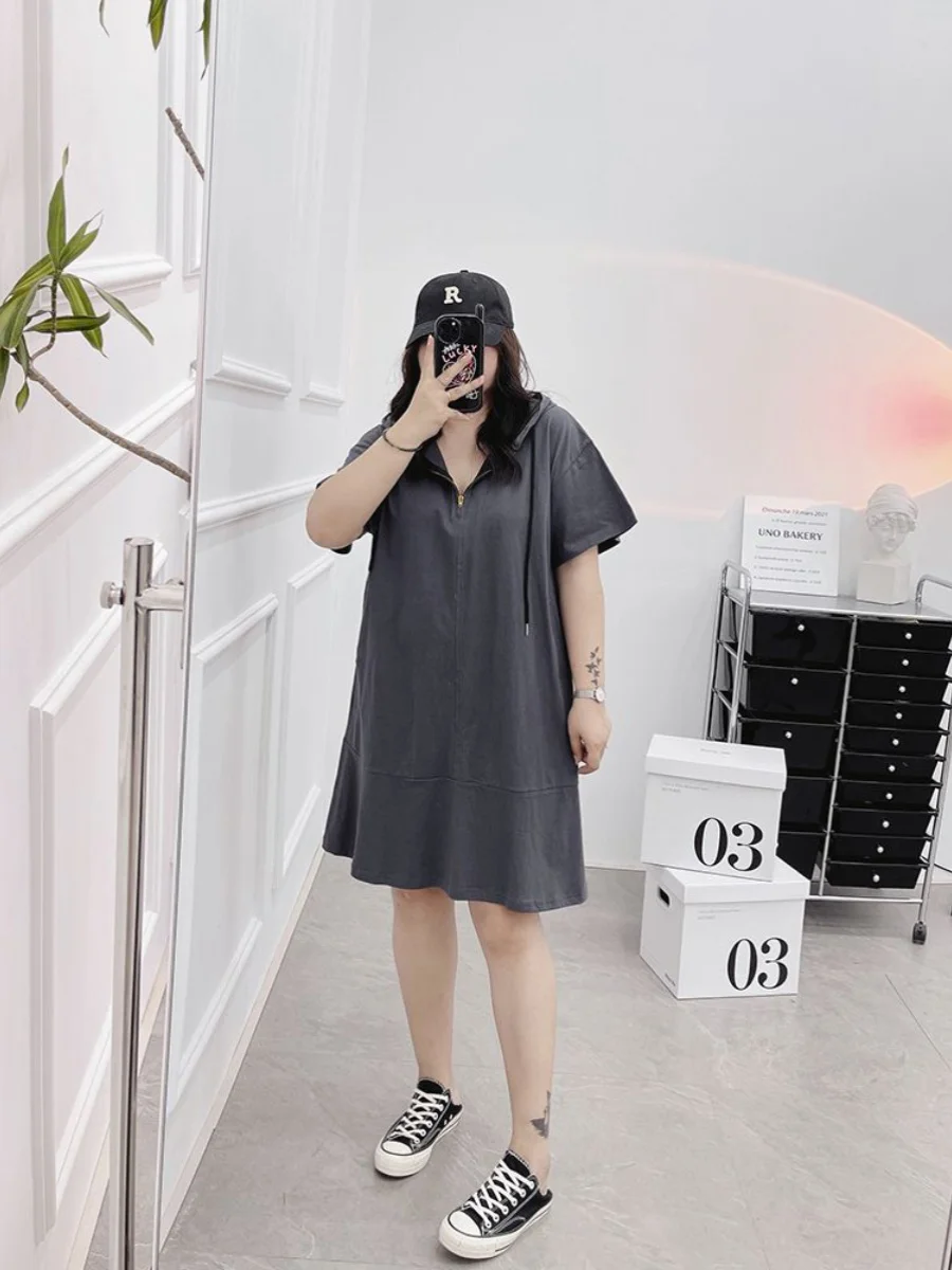 T-shirt à capuche pour femme grande taille Dr Summer New Sle T-shirt mi-long ort-savé dissimulant la viande Dr coréen Sle ro...