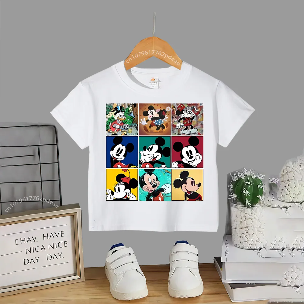 Disney Teen 100% Cotton T-shirt Baby Mickey Minnie Nine Check Palace print Casual crew neck T-shirt Boys girls short sleeve top