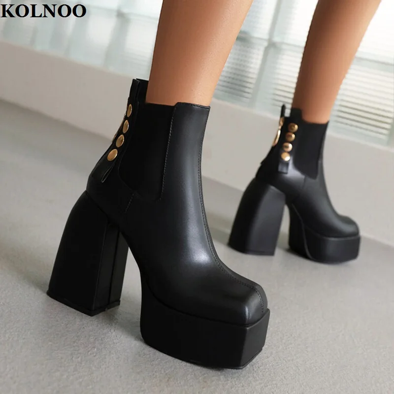 

Kolnoo 2023 New Britsh Style Womens Chunky Heels Ankle Boots Metal Buttoms Platform Dress Booties Evening Fashion Winter Shoes