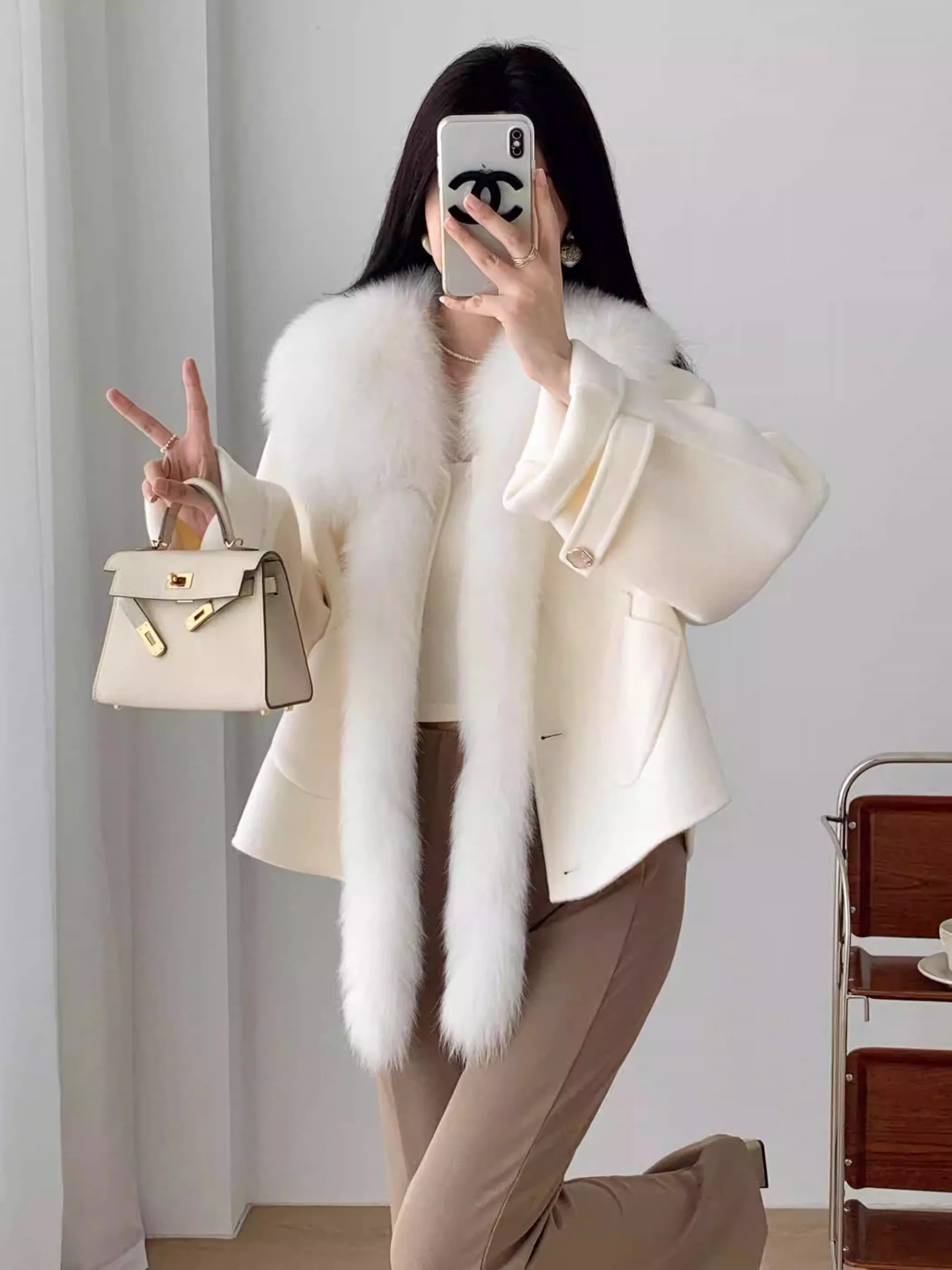 Natural Fur Coat Outwear Women Winter Real Fox Fur Belt Slim Vest Hooded Wool Cashmere Outwear Female Coat Full Sleeve