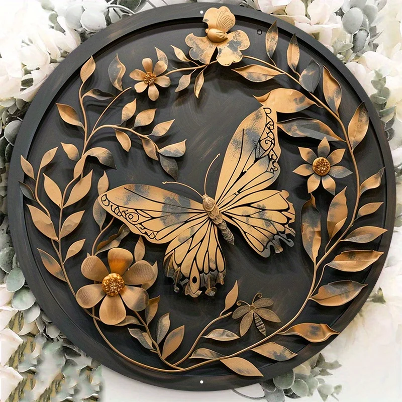 

Round Aluminum Metal Sign with Creative Butterfly Pattern, Decorative Wall Art for Home and Office Room, 8x8, 20x20cm, 1Pc