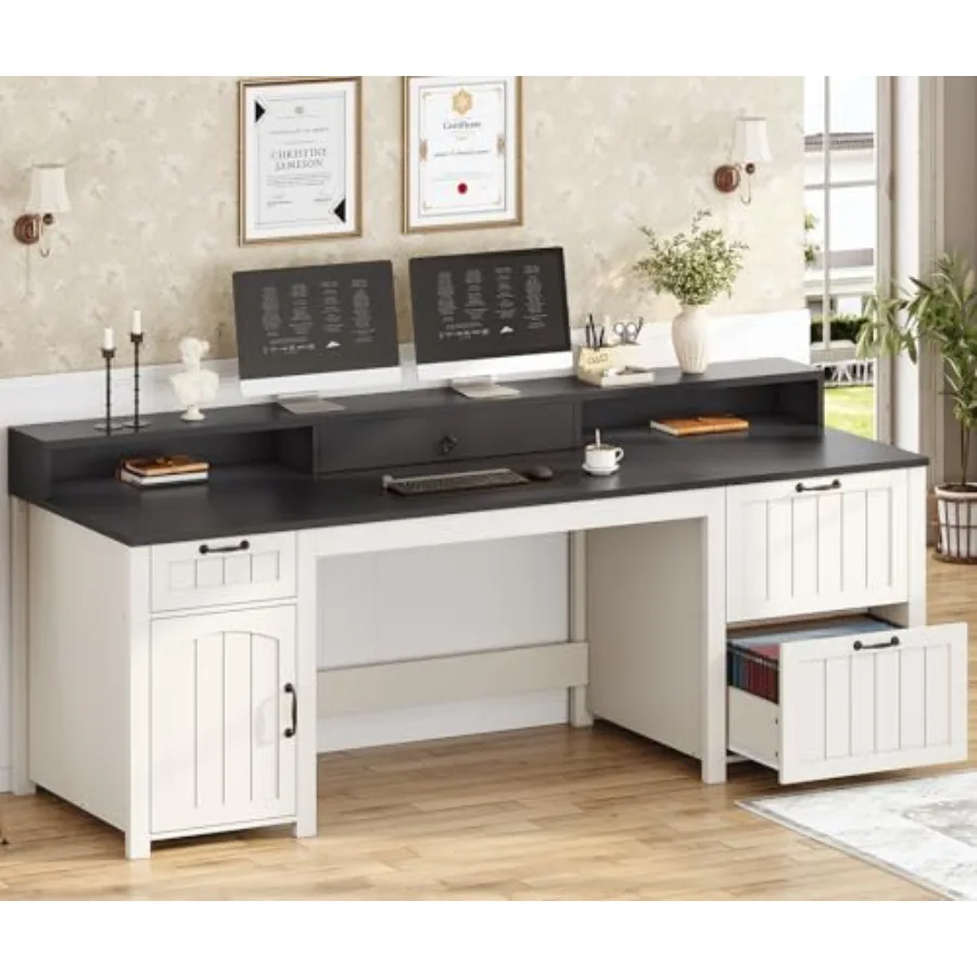 Farmhouse 63 Executive Desk Home Office Desk with File Drawer and Monitor Stand Computer Desk with Drawers and Storage Cabinet