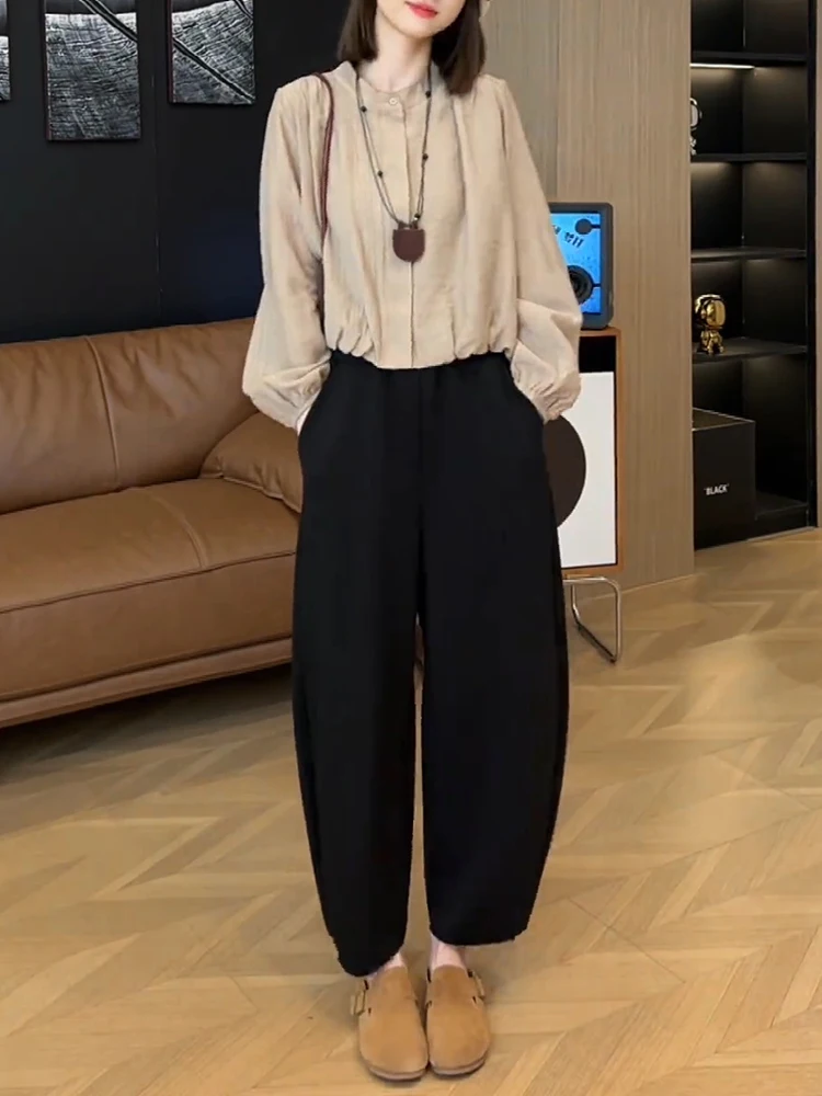 Long Sleeve Shirt Set Women's Early Autumn New Style High Waist Harlan Pants Two Piece Set Age Reducing Elegant Fashionable
