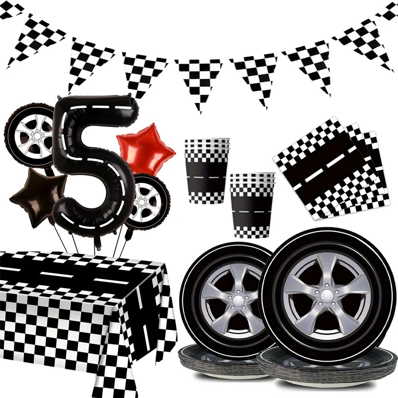 Race Car Party Decoration,Disposable Checkered Tableware Paper Plates Cups Napkin Tablecloth Racetrack Number 1-9 Balloon