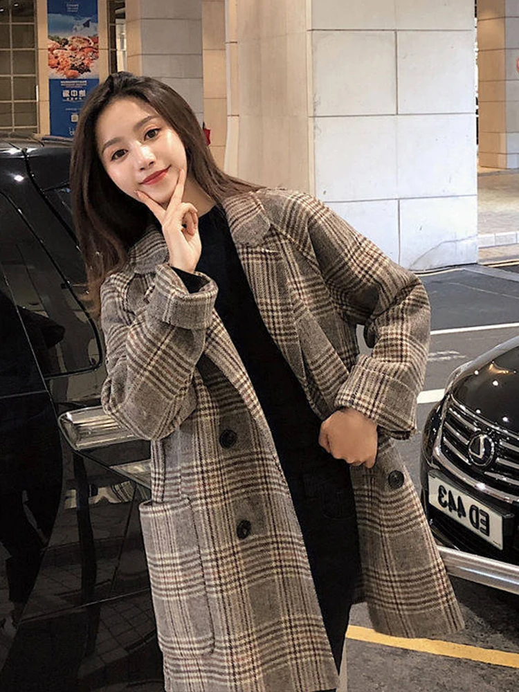 Loose Plaid Woolen Coat for Women Fashion Lapel Slim Women\'s Jackets 2020 Korean Women\'s Autumn Coat Woman clothing