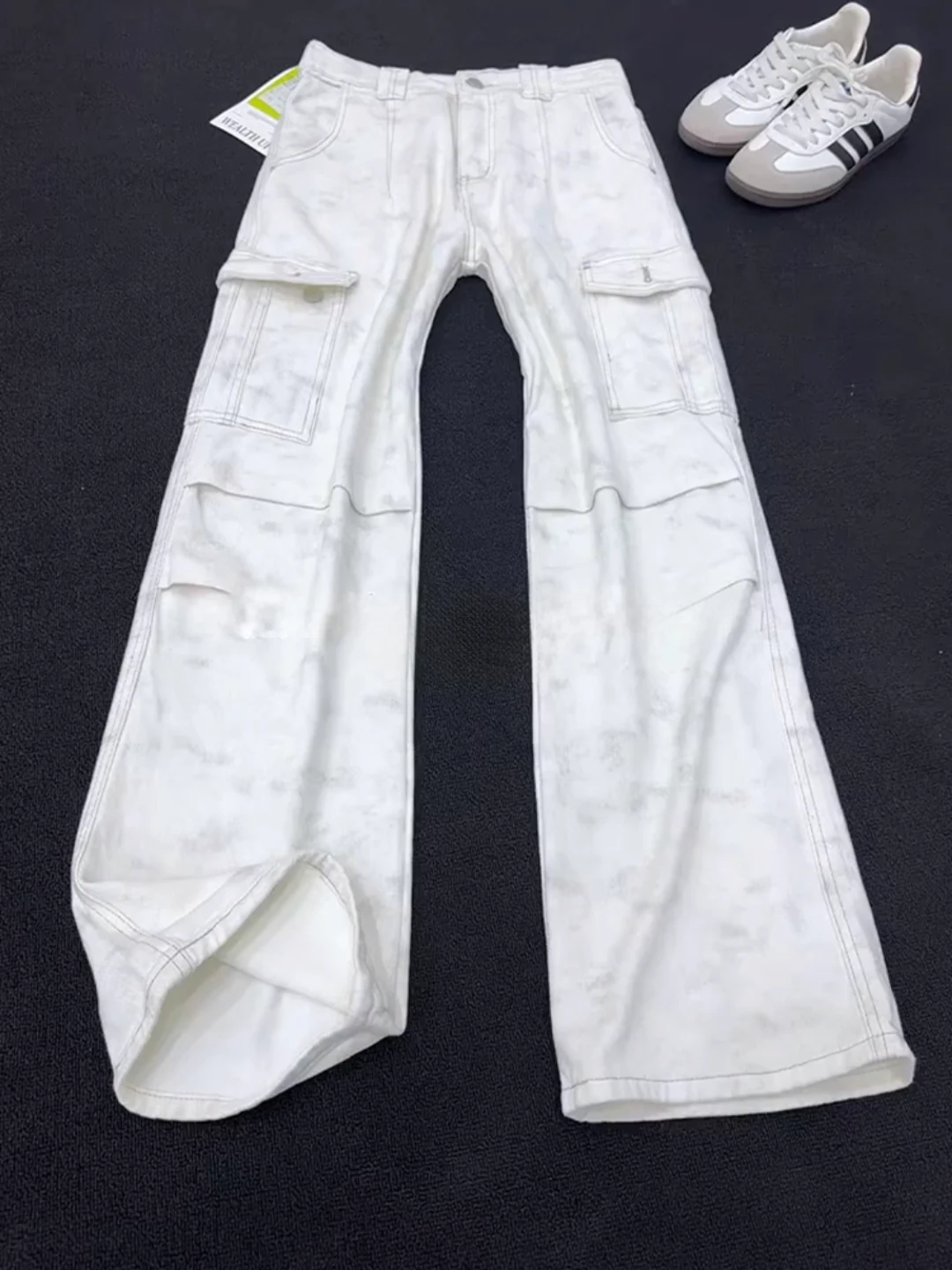 

American Style Tie Dye Multi Pocket Workwear Jeans Men's Folded High Waist Straight Leg Loose Wide Leg Hiphop Casual Jeans