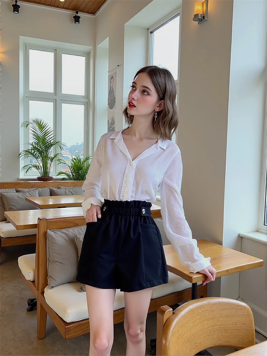 Black Woolen Wide Leg Shorts Womens Pleated Skort Women Chic Office Lady Elegant Button Ruffle Slimming Fashion Cute Preppy Blue