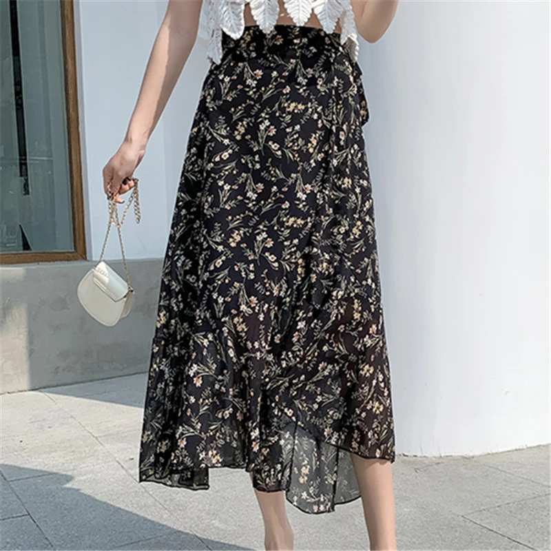 Einteilige binden Frauen Chiffon Blumen röcke hohe Taille elegante Chiffon gedruckt lässige Midi A-Linie Röcke weiblich 2024 neu