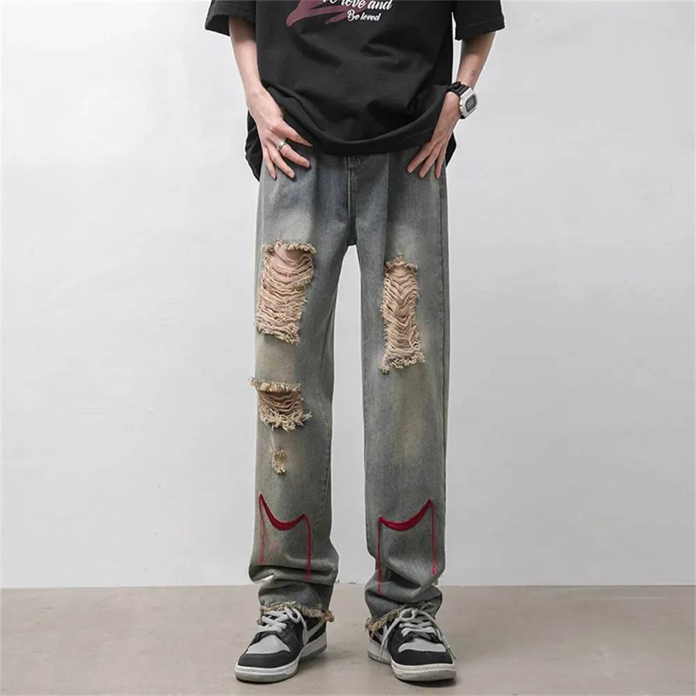 

Ripped Jeans Men Street Baggy Vintage Vaqueros Trousers Streetwear Punk Distressed Summer Y2k Trousers Loose Hole Denim Pants