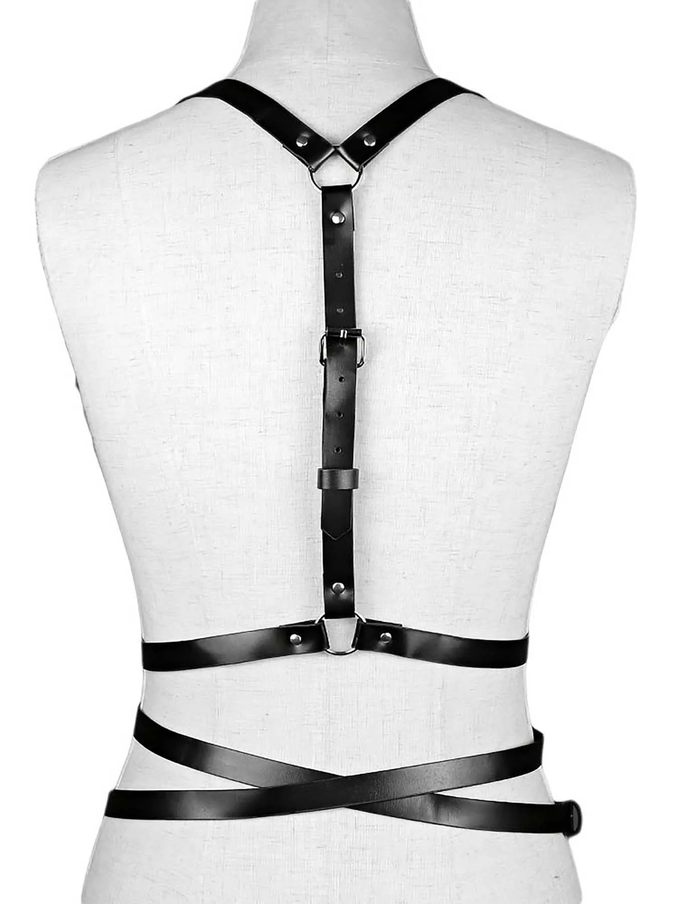 حزام أسود قابل للتعديل للنساء - مجموعة ملابس داخلية من جلد البولي يوريثان لملابس الرقص القوطية والهذيان مع أبازيم