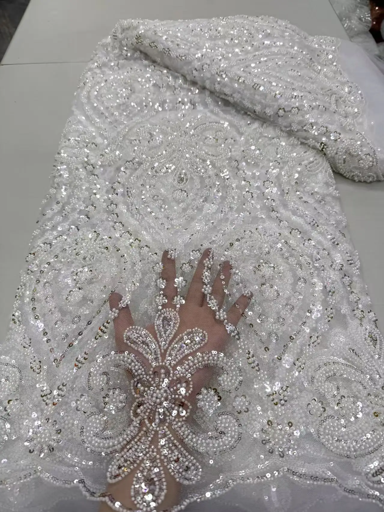 

White African Beaded Mesh Lace Fabric 2025 High Quality Embroidery Sequins French Tulle Lace for Nigerian Wedding Party Dress