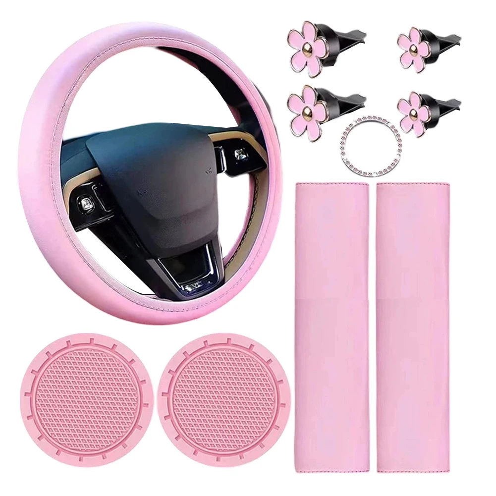 

Feminine Car Decor Car Accessories Set Pink Silicone Cup Holders Stylish Steering Wheel Cover Accessory Package