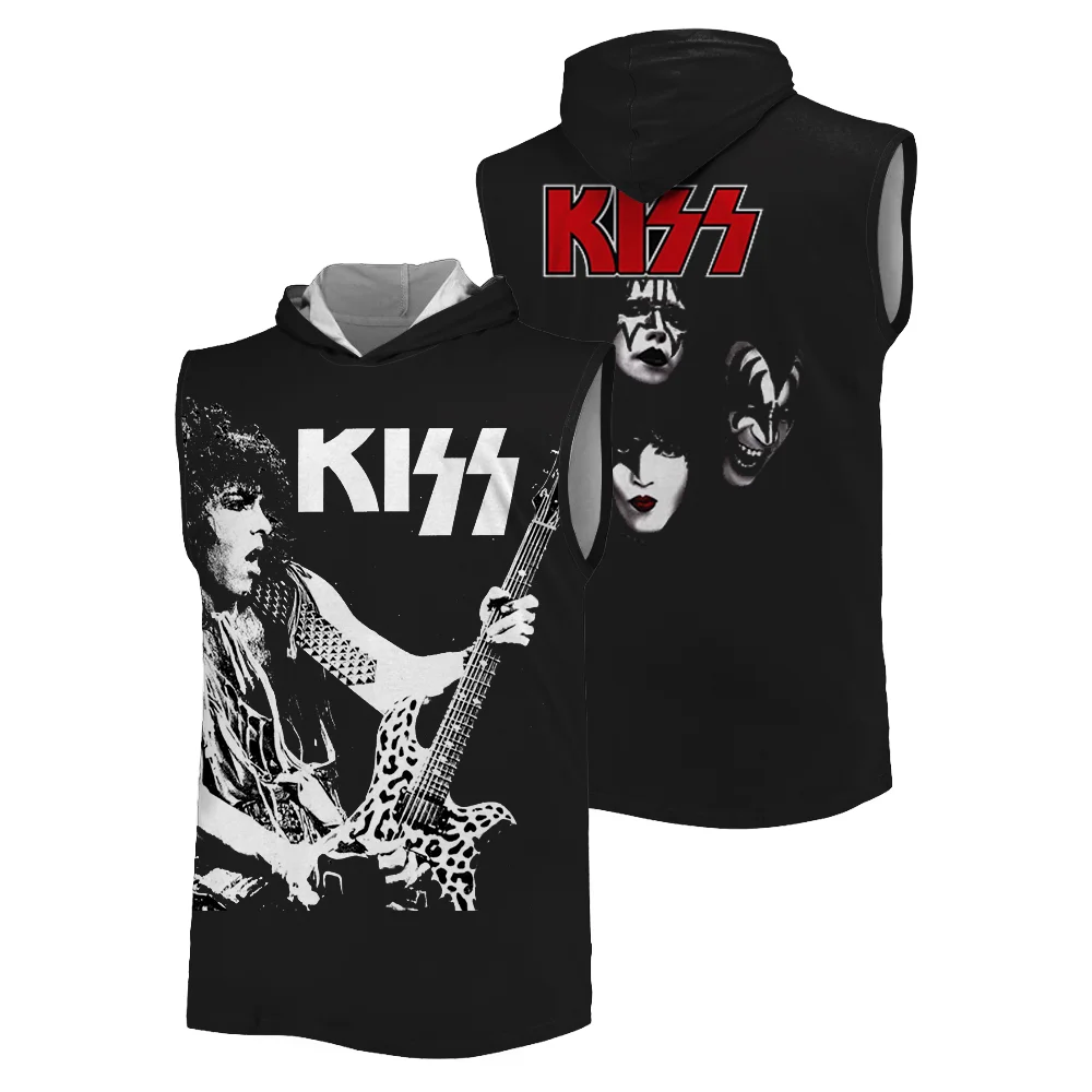 

Summer hot sale 3D printed sports hooded vest KISS rock band Hip hop fashion outdoor fitness quick-dry oversized men's tank tops